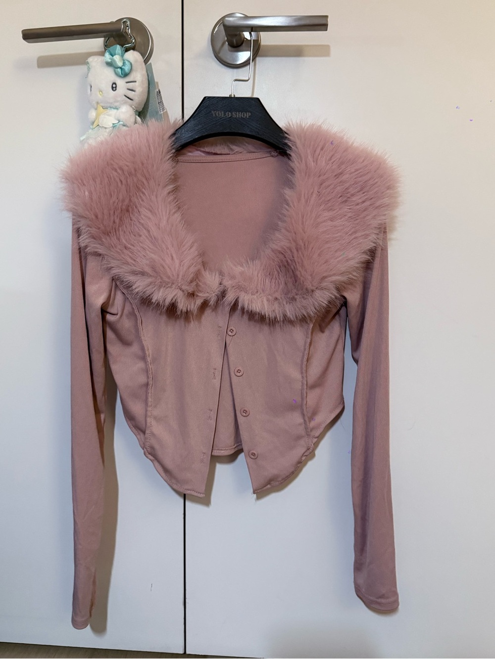 Faux-Fur Trim Cropped knit top - Dusty Rose